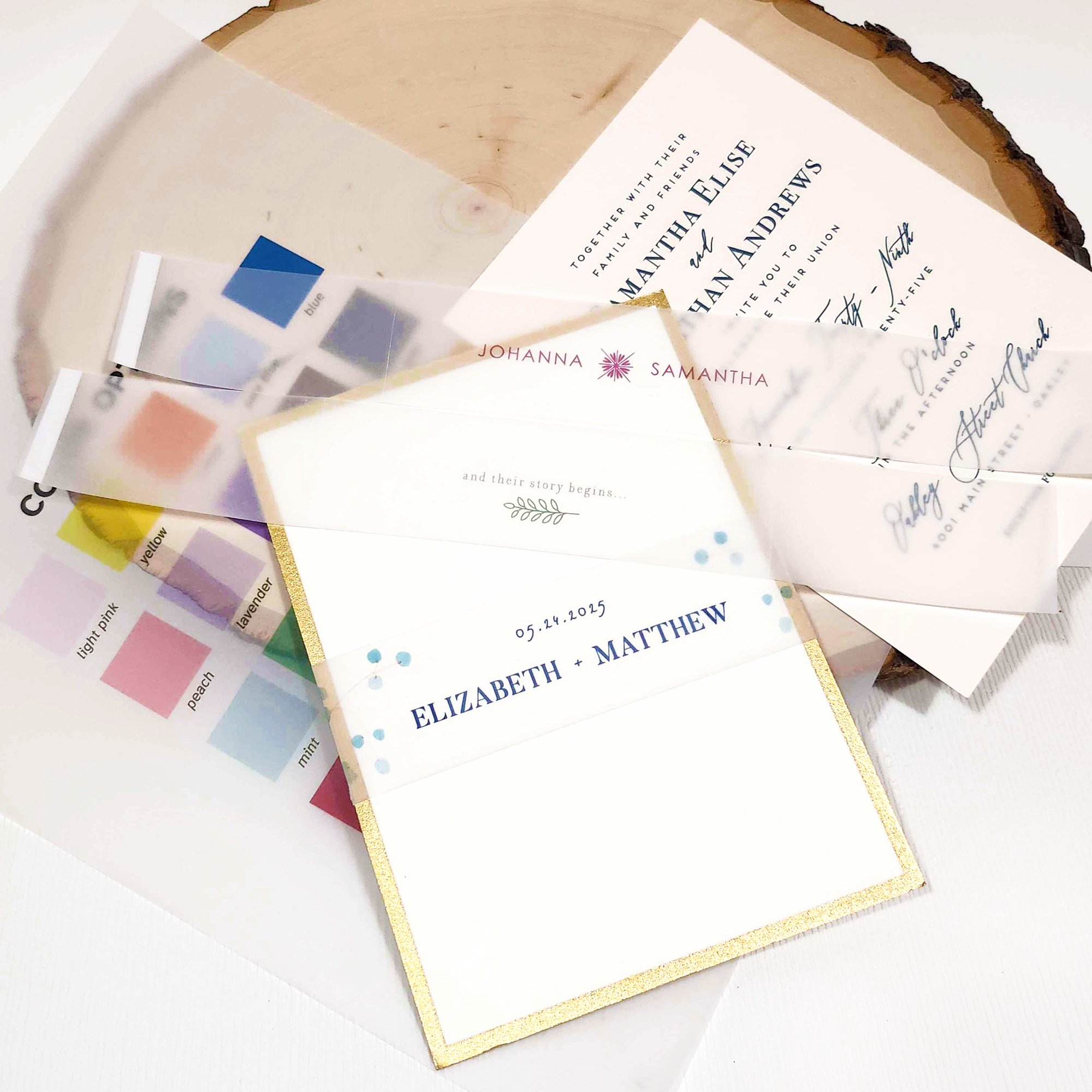Colorful vellum belly bands for wedding stationery