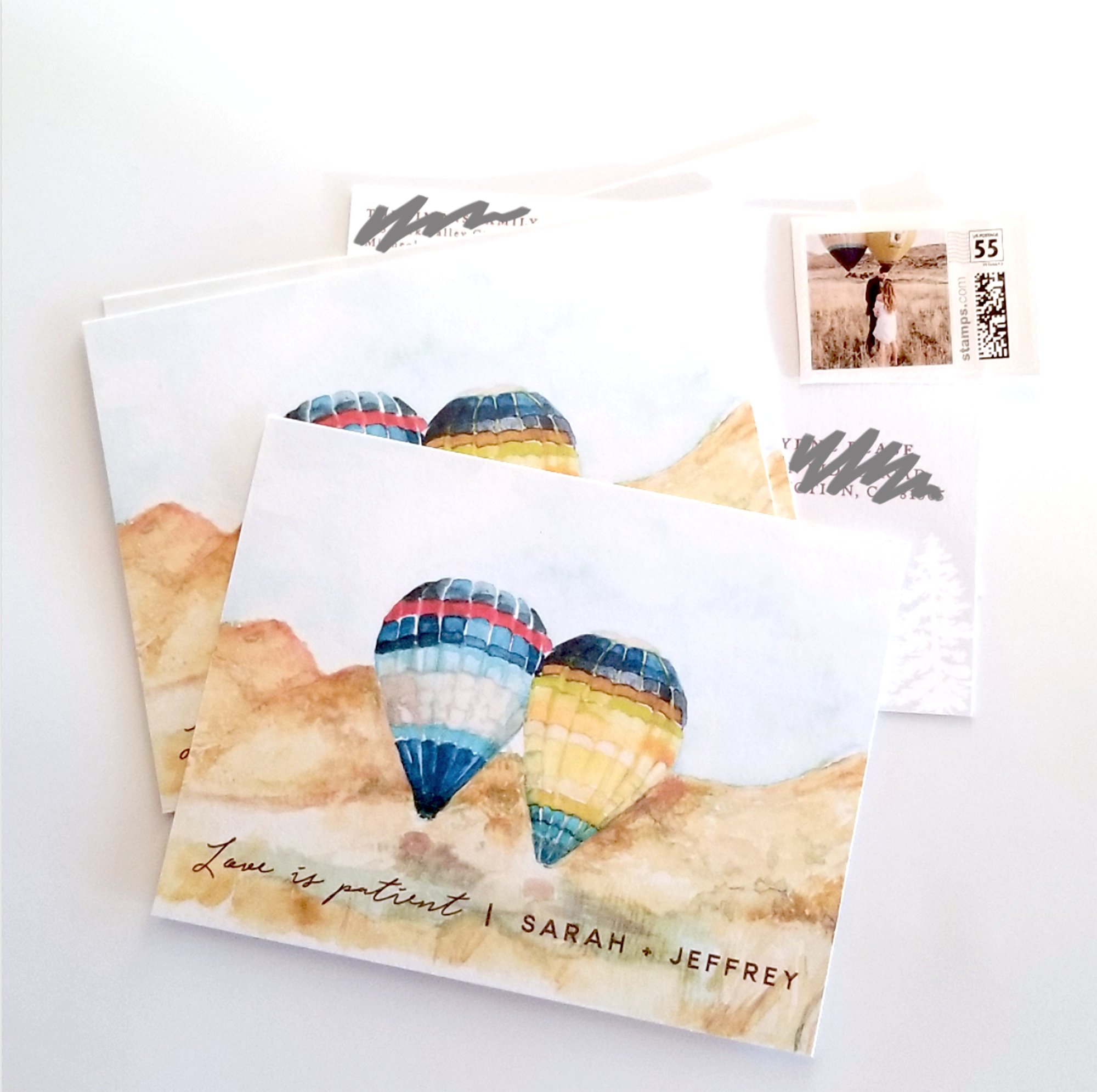 Watercolor hot air balloon wedding envelope suite